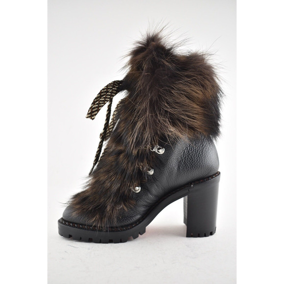 Christian Louboutin Fanny 70 Black Brown Fur Leather Tie Heel Combat Boot 34 - Picture 7 of 12